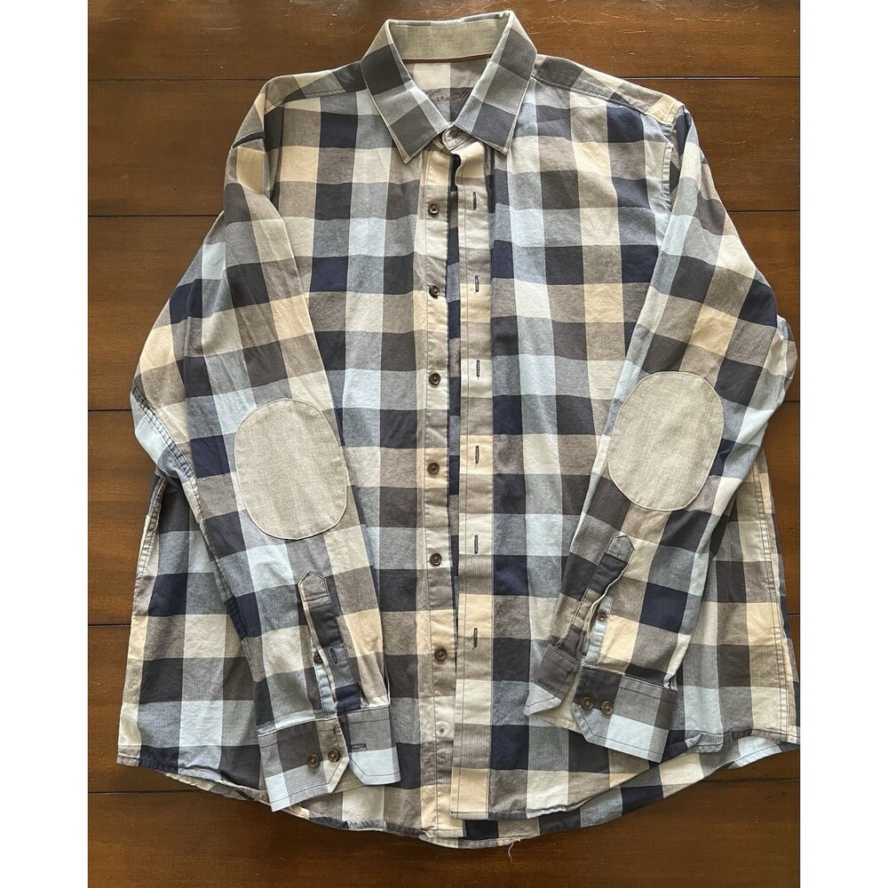 Tasso Elba Mens Large Plaid Button Down Shirt Elbow Patches Blue Grey Marl NFlaw